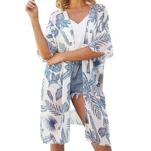 Blue Leaf Print Kimono Cardigan Beach Cover up Tropical Plus Size XXL